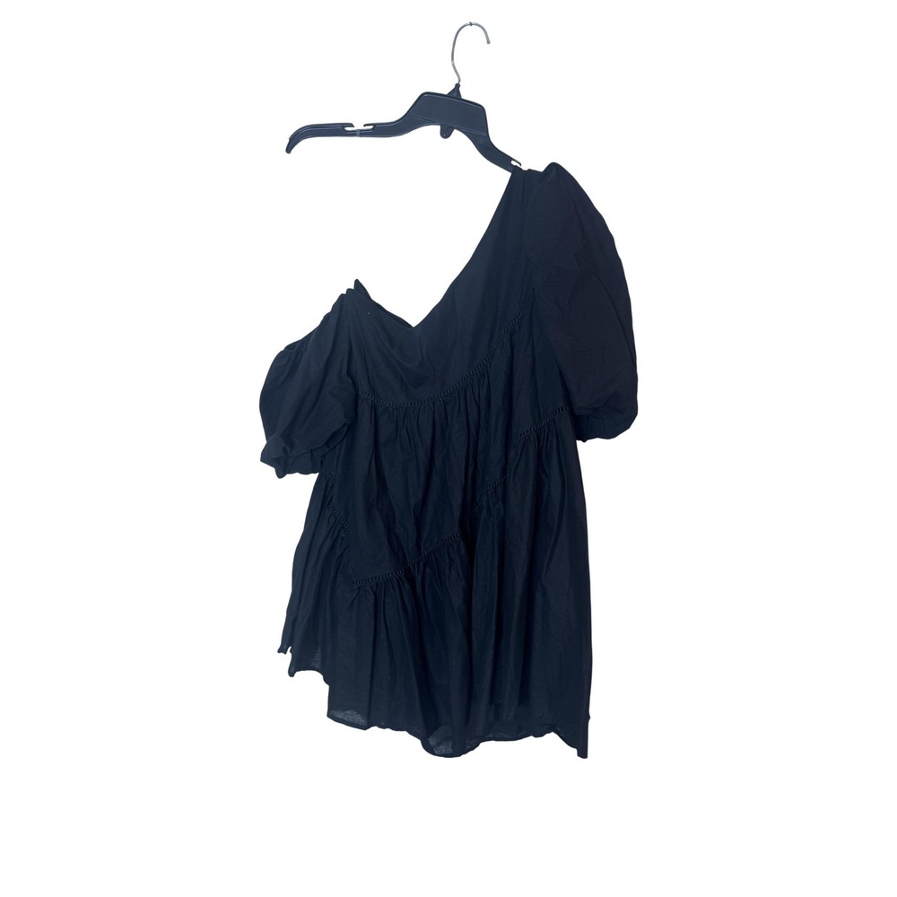 Showpo Dress Womens 4 Black One Shoulder Puff Sleeve‎ Mini Trapeze Swing Ruffle